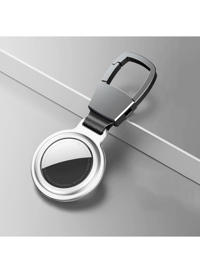 Eco Case Compatible With Airtags Protective Magnetic Metal Tracker Protection Aluminium Case Key Ring Carabiner Leather Anti-Lost Pendant Accessories (Silver) - Image 1